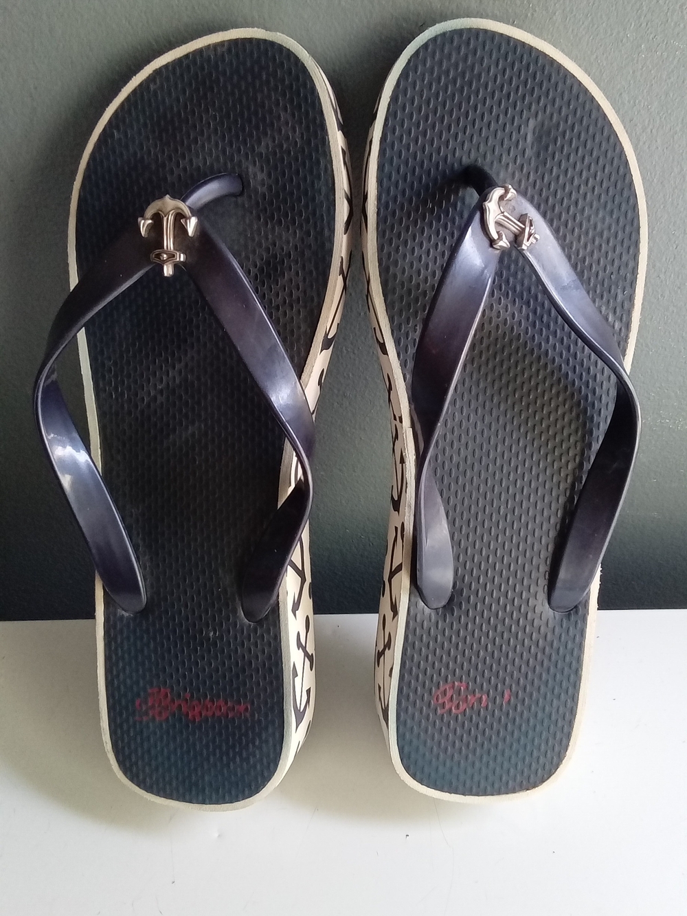 Brighton Nautical Anchor Wedge‎ Flip Flops Navy Blue White Platform Sandals